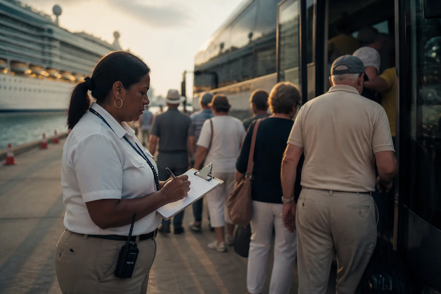 Cruise shore excursion supervisor at pier